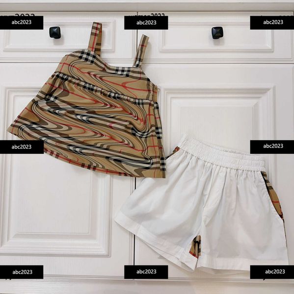 

new tracksuits kids dress child sets baby clothes summer 2pcs suspended bra plaid vest and patchwork shorts new listing, White