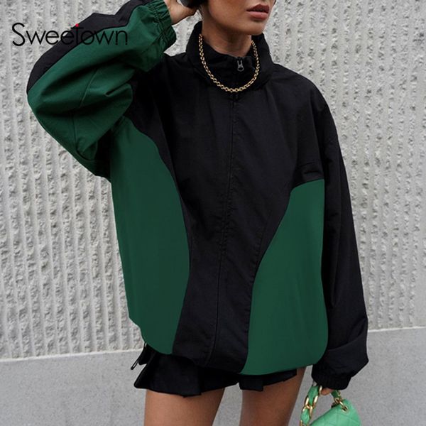 

women's jackets sweetown zip up stand collar oversized coats contrast patchwork long sleeve casual street korean outwears 230821, Black;brown