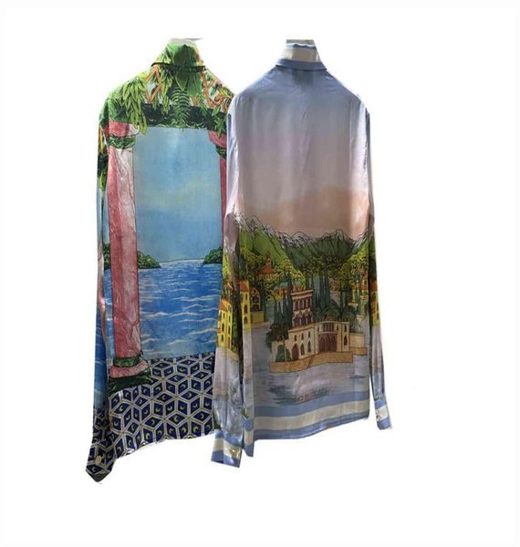 

wave club wave flower silk snow mountain castle hawaiian printed long sleeve shirt1657208, White;black