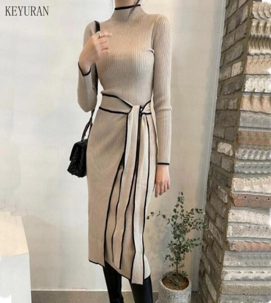 

casual dresses woman dress with belt vintage patchwork slim knitted midi women autumn winter elegant sweater knit 2021 vestidos4988418, Black;gray