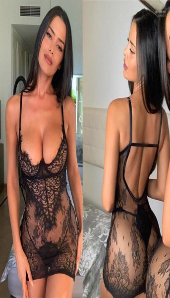 

casual dresses perspective black lace dress women summer backless spaghetti strap night club party with thong plus size18078823, Black;gray