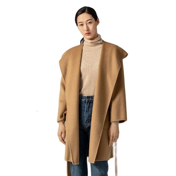 

womens wool blends beautiful handmade corrugated water ripples hoodie woolen overcoat lace up 100% hooded fashion autumn jacket brand 230818, Black