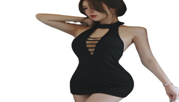

lingerie female nightclub dress backless sleepwear nightgowns hanging neck uniform stewardess student ol open bra lenceria mu8807603, Black;red