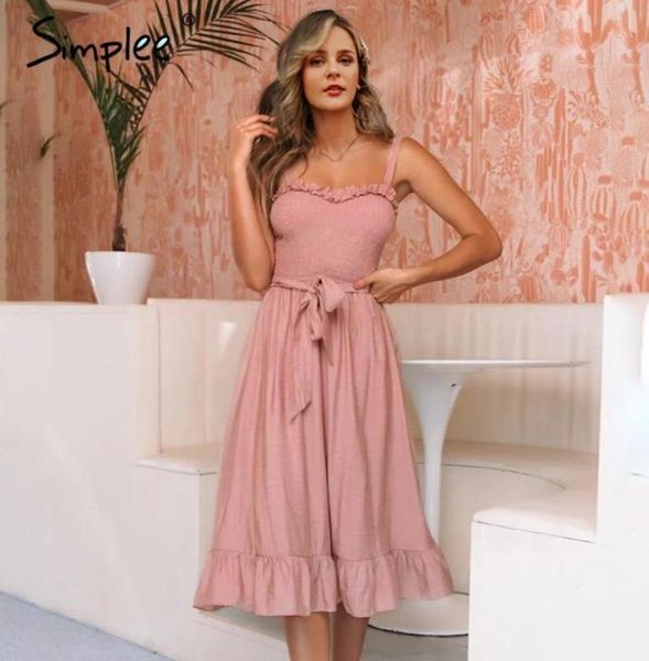 

simplee sleeveless ruffle elegant dress women ruched sashes bow cotton summer midi dresses solid female pink vestidos 201916033138, Black;gray
