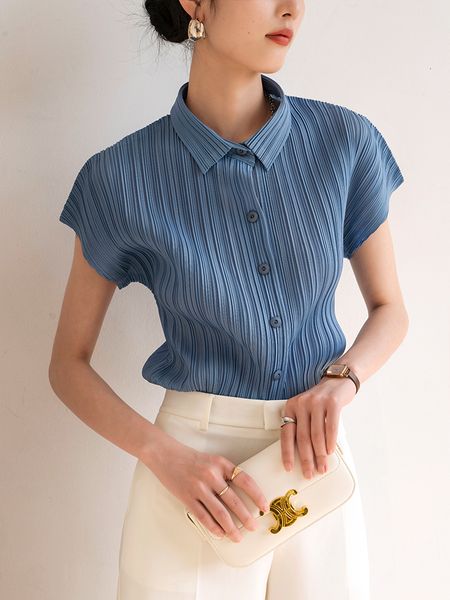 

women's blouses shirts miyake pleated women casual white polo lapel short sleeve shirt designer clothes 230818