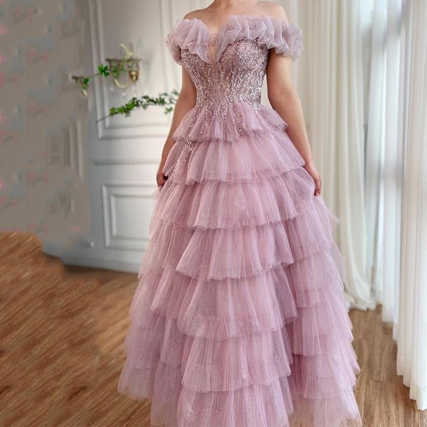 

luxury dubai shiny pink evening dresses elegant beads tiered tull long women formal party prom dress for guest, Black;red