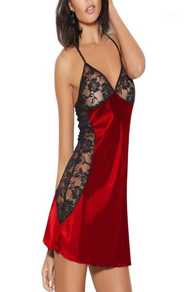 

women039s sleepwear nightwear nightgown night shirts summer women plus size nightie lace satin patchwork dress ladies ling5546892, Black;red