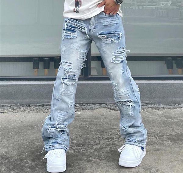 

men039s jeans baggy hole flare denim trousers men hip hop distressed streetwear ripped flared biker tailored washed destroyedme9472291, Blue