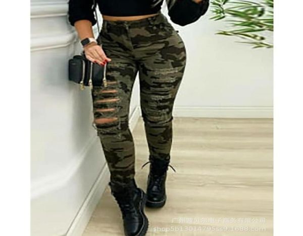 

women039s jeans wepbel camouflage print hole ripped pants ladies elegant high waist slim fit bodycon leggings long trouser8224993, Blue