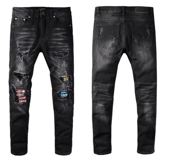 

mens jeans classic hip hop pants stylist jeans distressed ripped biker jean slim fit motorcycle denim jeans l3qj6558192, Blue