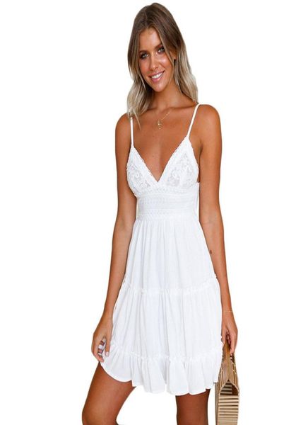 

new summer dress women strappy lace white mini dresses female ladies beach v neck party sundress black yellow pink large size5485376, Black;gray