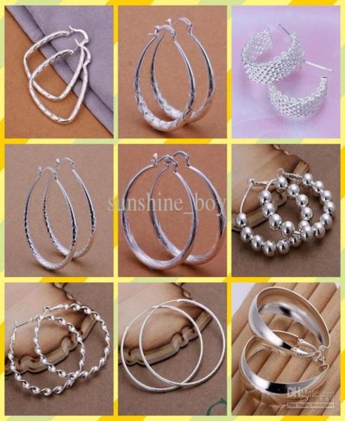 

2015 new mix 10 style 10pairslot jewelry highquality 925 sterling silver ear hoop earrings fashion gifts hyperbole big ear ring1467952733, Golden;silver