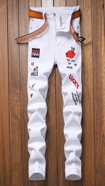 

european american trend 2021 men039s jeans male hole stretch white embroidered letters slimfit denim pants pantalons pour homm7299285, Blue