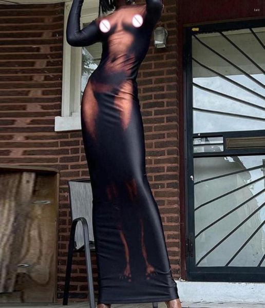 

casual dresses long dress oneck sleeves autumn waist tight hip wrap bodycon 3d body print maxi clubwear vestido2202787, Black;gray