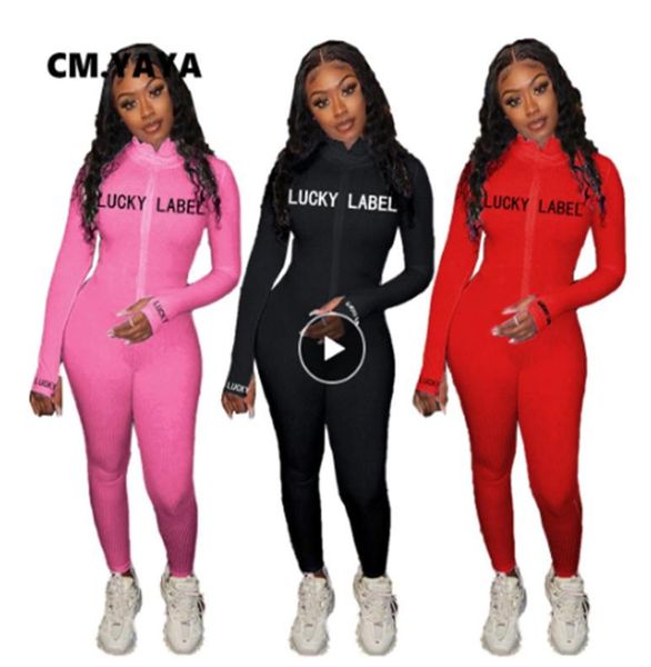 

autumn knitted lucky label embroidery long sleeve zipper jumpsuit women active ribbed moto biker romper one piece overall5640489, Black;white