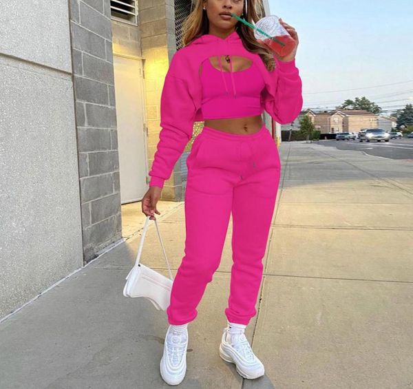 

women039s two piece pants autumn winter 3pcs set women tracksuit fleece long sleeve pullover crop hoodietanksjogger solid2624153, White