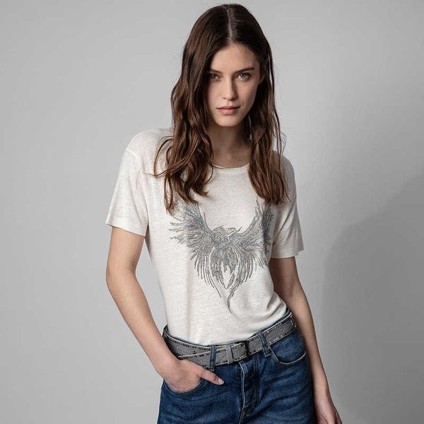 

zadig voltaire designer t shirt 23 summer new french minority zv phoenix wings drilling linen round neck women's short sleeved t-shirt, White