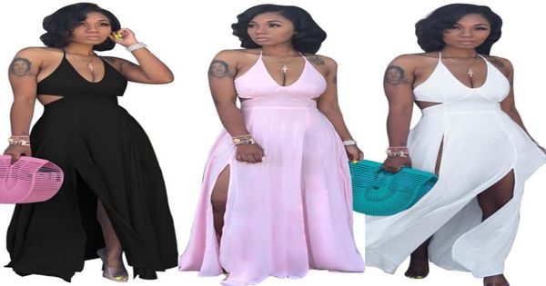 

2020 autumn women halter vneck open back high side split maxi midi bodycon dress night club party long dresses vestidos1323084, Black;gray