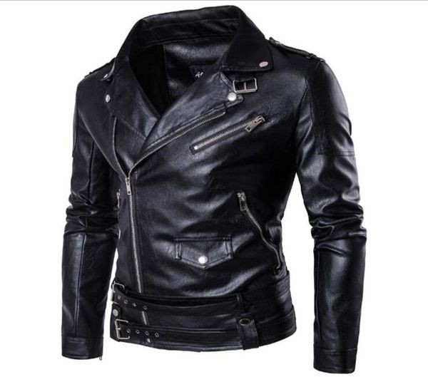 

size m5xl fashion punk men slim lapel slanting zipper leather jacket man coat overcoat quality d1013500950, Black