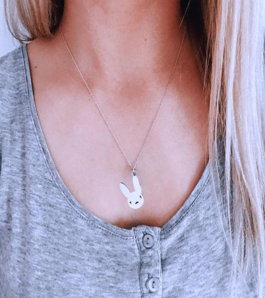 

bad bunny necklace with cute rabbit pendant stainless steel pendant necklace hip hop women men jewelry9791193, Silver