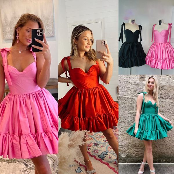 

taffeta junior girl homecoming dress 2k24 bow straps corset ruffle lady prom pageant formal cocktail event party runway black-tie gala hoco, Red