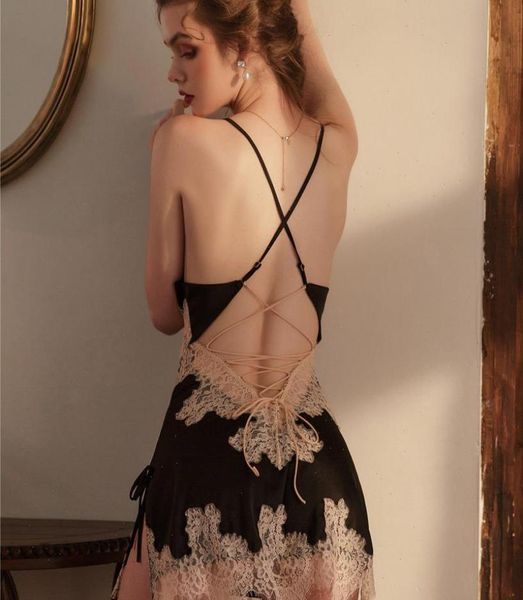 

beauty back silk nightgown sling sleepwear lace embroidery vneck nightdress women lingerie nightwear backless strap dress9050261, Black;red