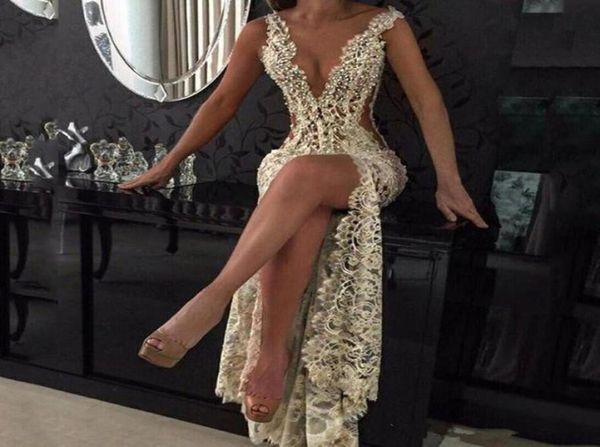 

lace deep v neck evening gowns sparkly beaded sheer backless mermaid prom dresses see through sweep train party vestidos custom ma9561179, Black