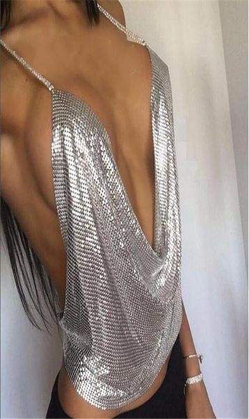 

whole deep v neck short sequined metal tank bra straps loose tank sleeveless night club tanks silver black gol9980249, White