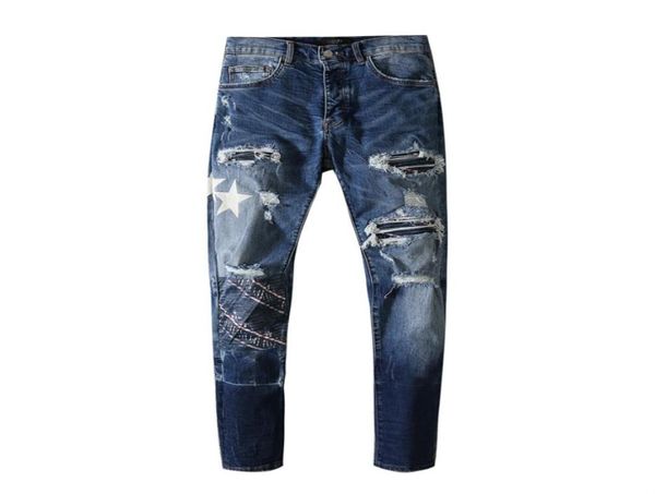 

mens jeans star design paste cloth frosted hole dark blue trend8510602