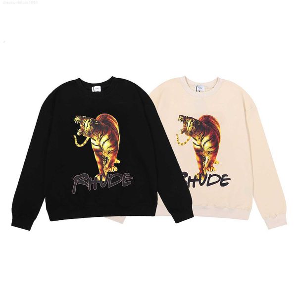

and autumn winter 2022 niche beauty trend rhude tiger hd printing high-g heavy terry round neck sweater for men women, Black