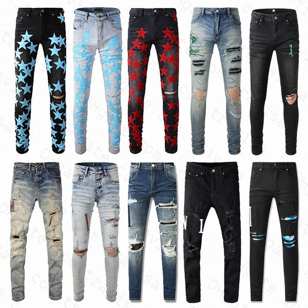 

designers jeans mens jeans high street purple jeans for mens embroidery pants womens oversize ripped patch hole denim straight fashion jeans, Blue