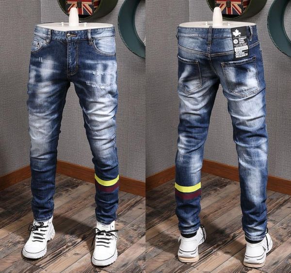 

2020 fw patch distressed light blue jeans cool guy fit yellow striped skinny fit leg denim pants men4171892