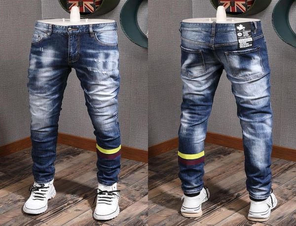 

2020 fw patch distressed light blue jeans cool guy fit yellow striped skinny fit leg denim pants men7696132