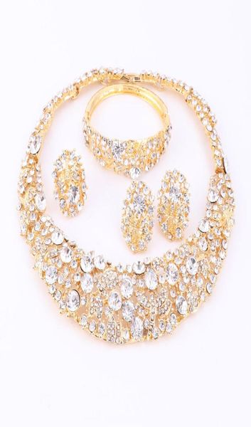 

women gold plated boho crystal jewelry set with necklace earrings bracelet ring direct selling statement for party wedding jewellr2168244, Black