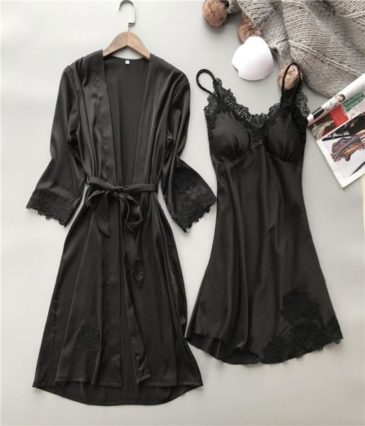 

womens nightdress sleepwear sets for women lingerie lace silk spandex nightwear casual robe dress set on ladies 2pcs plus siz9025161, Black;red