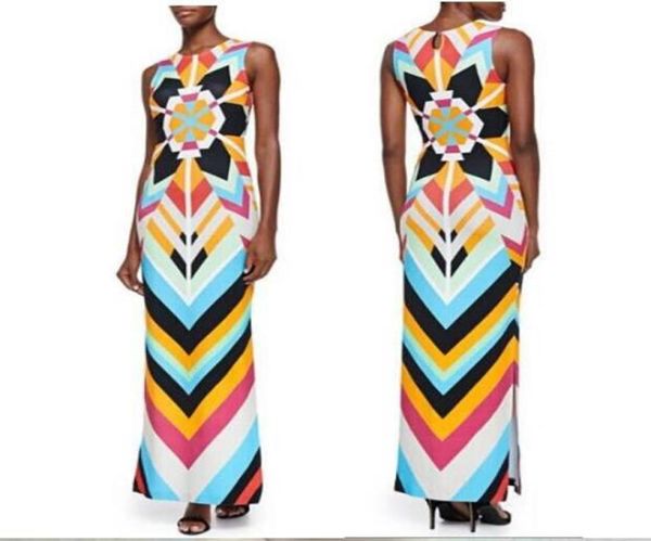 

new arrival high street fashion designer dress ladies039 sleeveless charming geometric print luxurious brands jersey silk maxi 1341580, Black