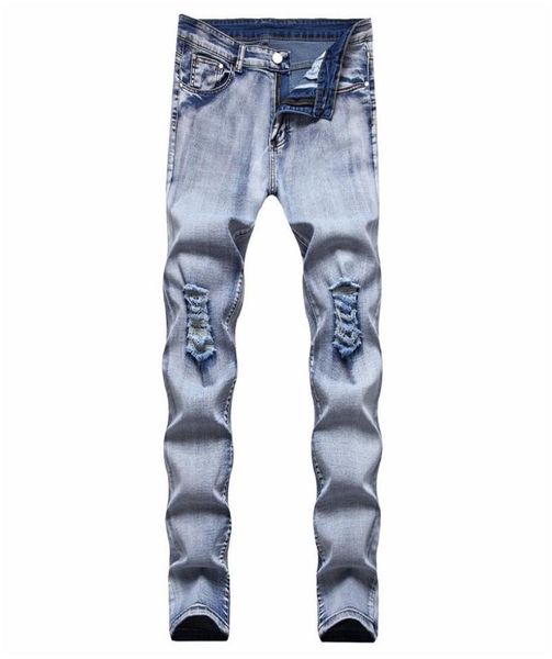 

men039s jeans streetwear men autumn winter solid color slim stretch casual mid waist ripped with denim straight pants1979392, Blue