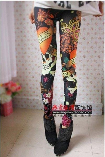 

a46 women vintage skull clothes stretchy skeleton printed tattoo skinny jeans leggings1292915, Black