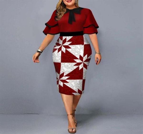 

plus size dresses elegant geometric print christmas party autumn chic fashion layered bell sleeve midi red 2022 women294x9484812, Black