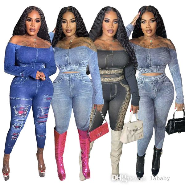 

2023 new autumn denim two piece set women highstreet tracksuits fashion printing slash neck long sleeve jeans and high waist tights pants 2p, White