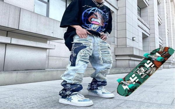 

men039s jeans ripped stitching large and women039s hip hop pants skateboarding loose y2k baggy9171436, Blue