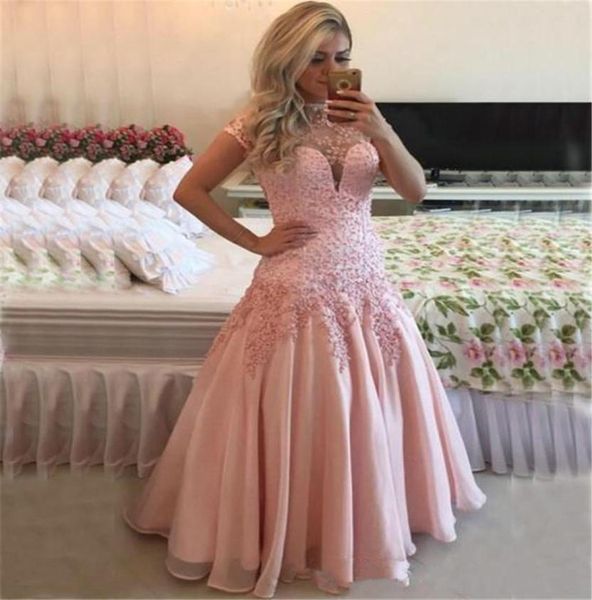 

short sleeve high neck open backless blush charming long mermaid prom dresses pink evening party gowns custom made8944237, Black