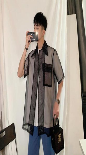

men039s casual shirts summer transparent shirt fashion printed flower men streetwear loose short sleeve mens dress4213502, White;black
