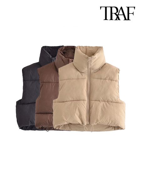 

men s jackets traf women fashion adjustable hem zip up crop padded waistcoat vintage high neck sleeveless female outerwear chic vest 230821, Black;brown