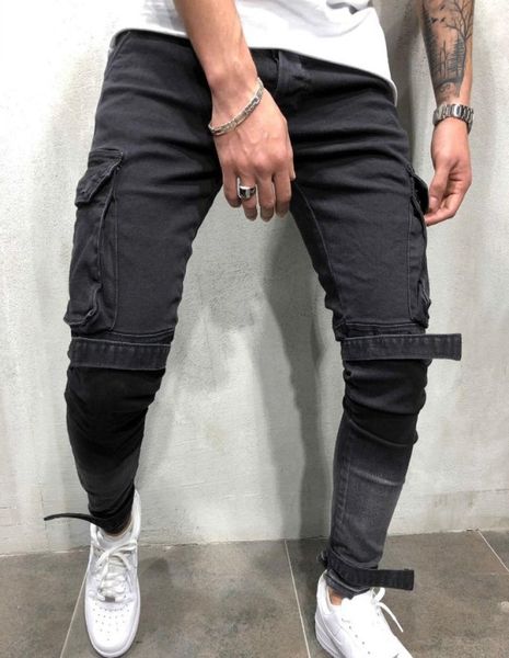 

skinny biker jeans men multipocket bandage slim cargo joggers trousers for men motorcycle hip hop streetwear swag denim pants6141949, Blue