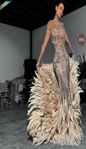 

evening dress yousef aljasmi kim kardashian mermaid high neck feather silver beads long dress crystals zuhair murad ziadnakad 00116204940, Black;pink