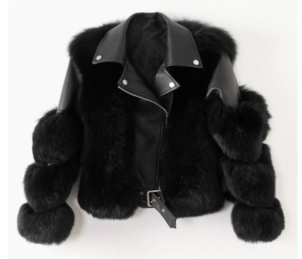 

2021 whole leather high imitation fox fur coat slim fashion women039s motorcycle suit short stitching waistcoat3505469, Black