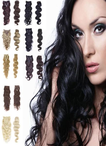 

5a 100gpc 8pcset 100 real human hairlndian hair clips in extensions real body wave full head dhl 6135311, Black