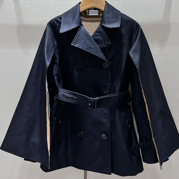 

8.21 fashion plaid lining double breasted with belt cape style trench coat women, Tan;black