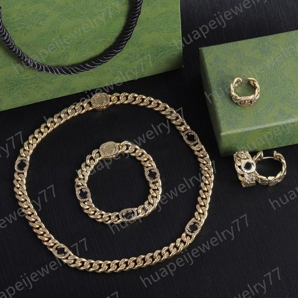 

classic men 18k gold necklace designer necklace stainless steel cuban chain luxury bracelet twisted ring double letter earrings love jewelry, Black
